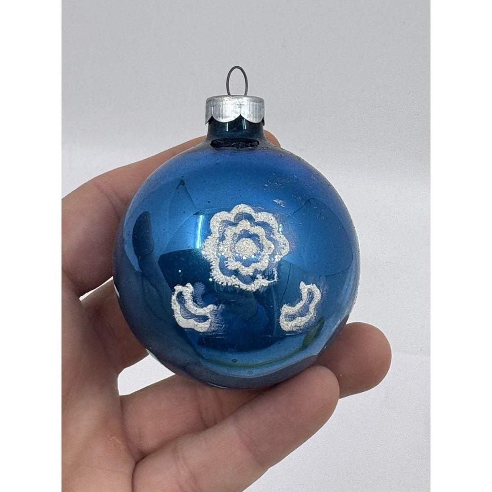 Vtg Shiny Brite Ornament Christmas Holiday Blue Flowers Sparkle